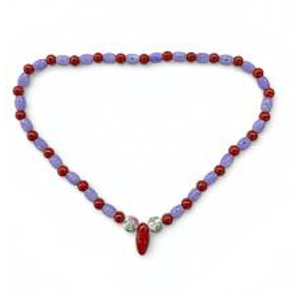 Vintage Chinese Lavender Jade & Carnelian Necklace | Porcelain Beads | 23"